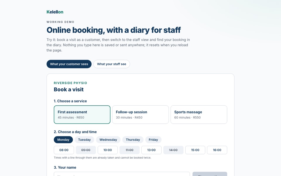 Screenshot of the online booking demo