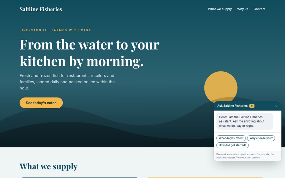 Screenshot of the Fishing design, shown as the fictional Saltline Fisheries