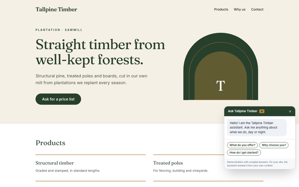 Screenshot of the Forestry design, shown as the fictional Tallpine Timber
